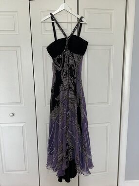 Elegant Black and Purple Paisley Halter Evening Dress